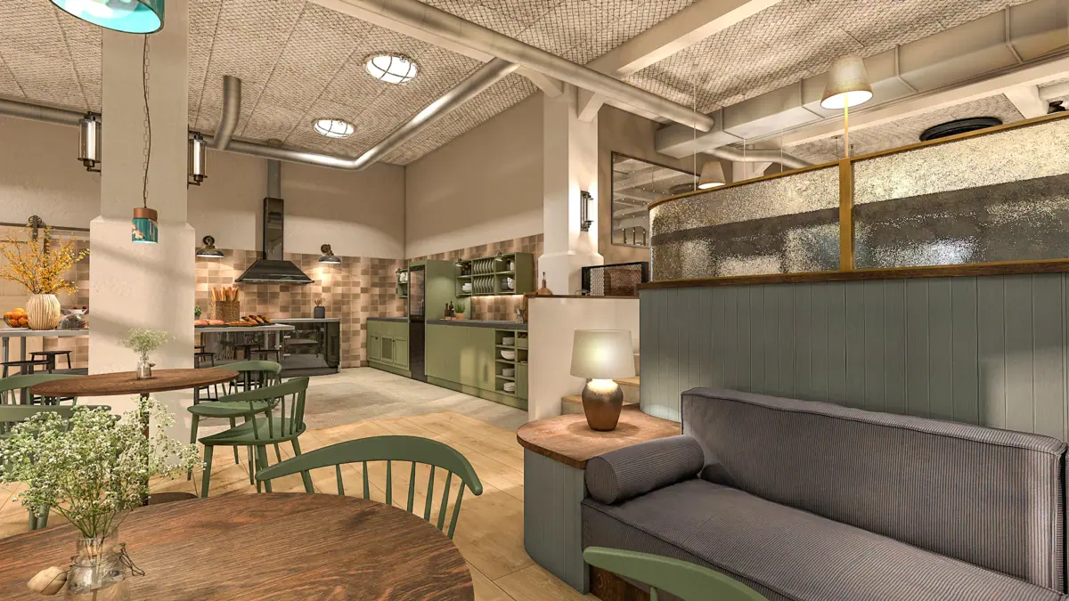 HENRI Hotel Cuxhaven Hausküche Ein Raum mit einem Sofa und Stühlen.