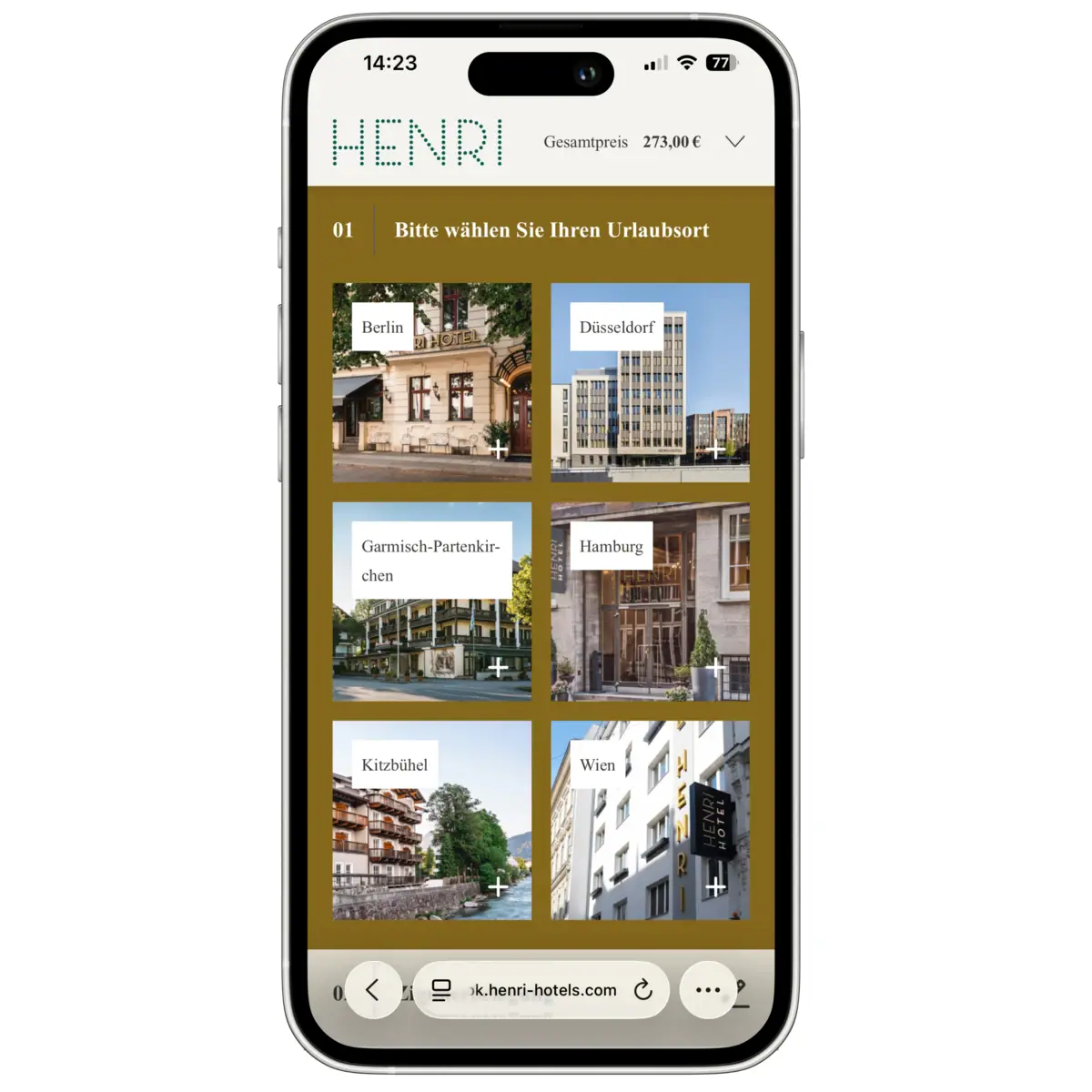 Ein Mobiltelefon mit einer Website auf dem Bildschirm.