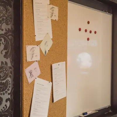 HENRI Berlin Pinnwand Pinnwand mit verschiedenen Papieren und handgeschriebenen Notizen.