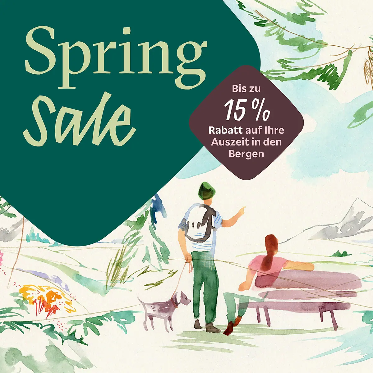 HENRI Spring Sale Illustration zeigt einen Mann und eine Frau mit Hund in den Bergen