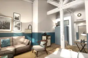 L-Studio Ein Raum mit einem Sofa und einer Lampe.