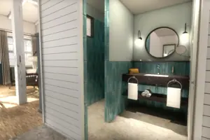 Bad Badezimmer mit rundem Spiegel und Waschbecken