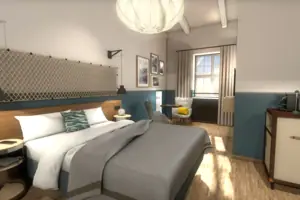 M-Studio Ein Schlafzimmer mit einem Bett und einem Stuhl.