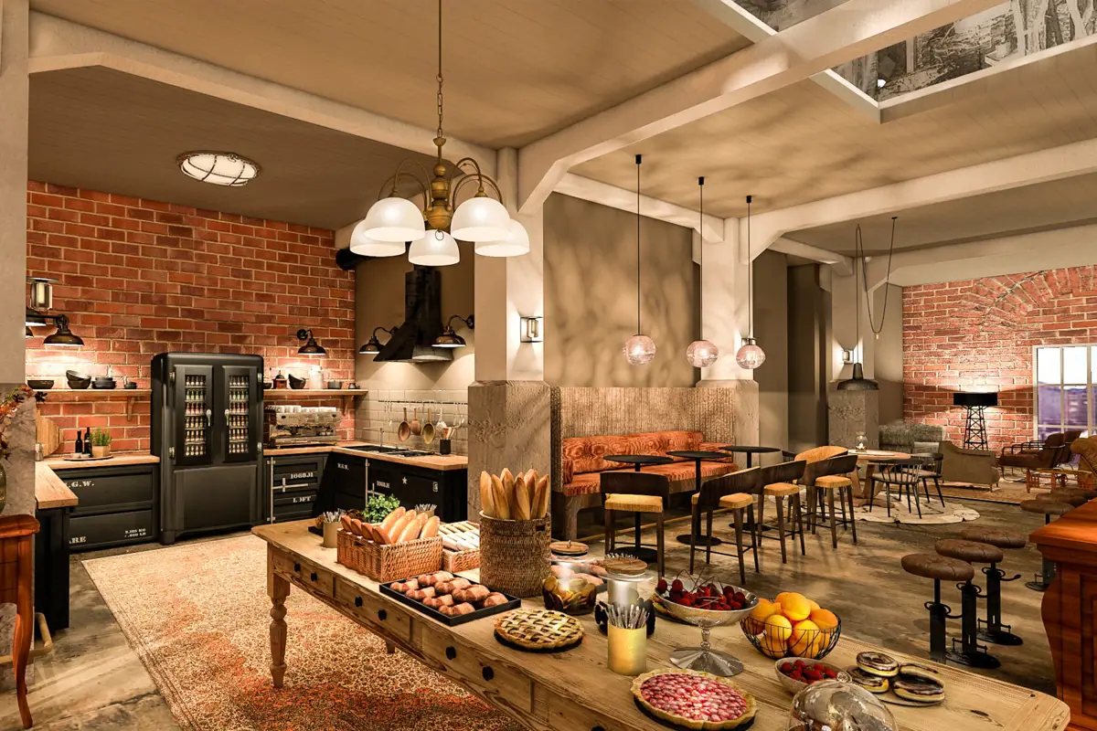 HENRI Cuxhaven Hausküche Eine Küche mit einem Tischbuffet voller Lebensmittel.