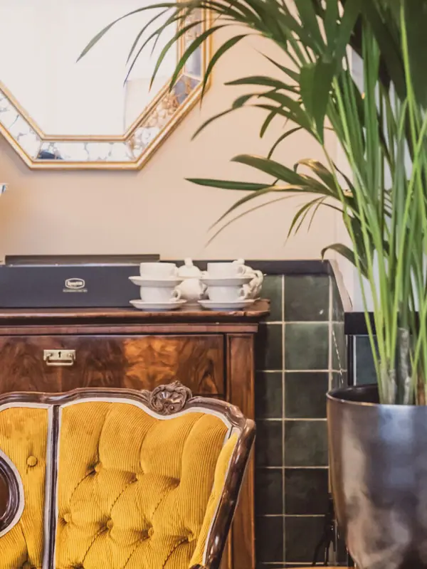 Lounge Ein Zimmer mit einem Spiegel und einer Topfpflanze.