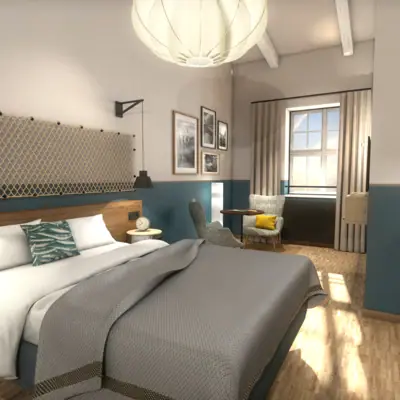 Rendering Zimmer HENRI Cuxhaven |© Geplan Design Schlafzimmer mit Bett und Stuhl, geschmackvoll eingerichtet.