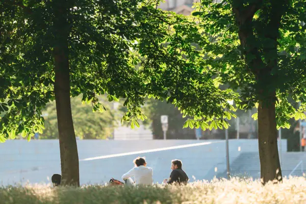 Berlin Tiergarten Menschen sitzen auf einer Wiese unter Bäumen.