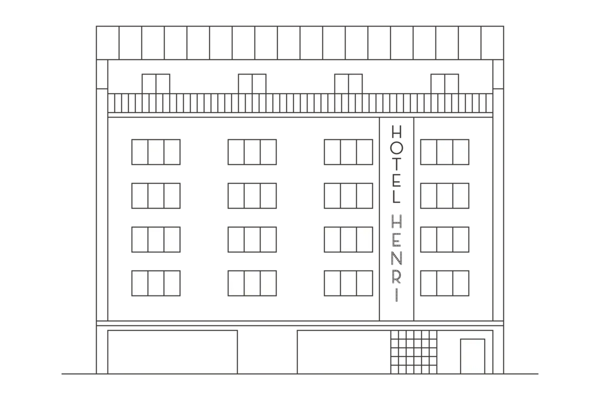 Skizze HENRI Wien Eine Skizze vom HENRI Hotel Wien mit vielen Fenstern.