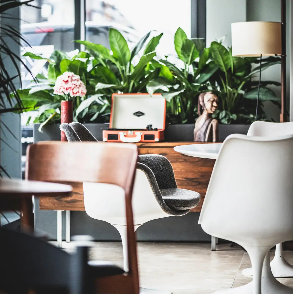 Lounge Ein Raum mit Stühlen, einem Tisch und einer Pflanze.