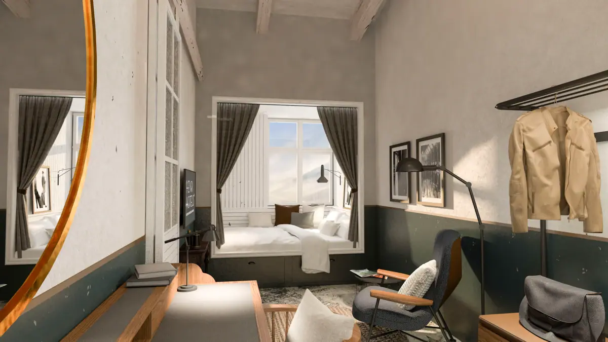 Zimmer Rendering HENRI Cuxhaven Innenansicht eines Hotelzimmers im HENRI Hotel Cuxhaven mit einem Bett, Tisch und Stühlen.