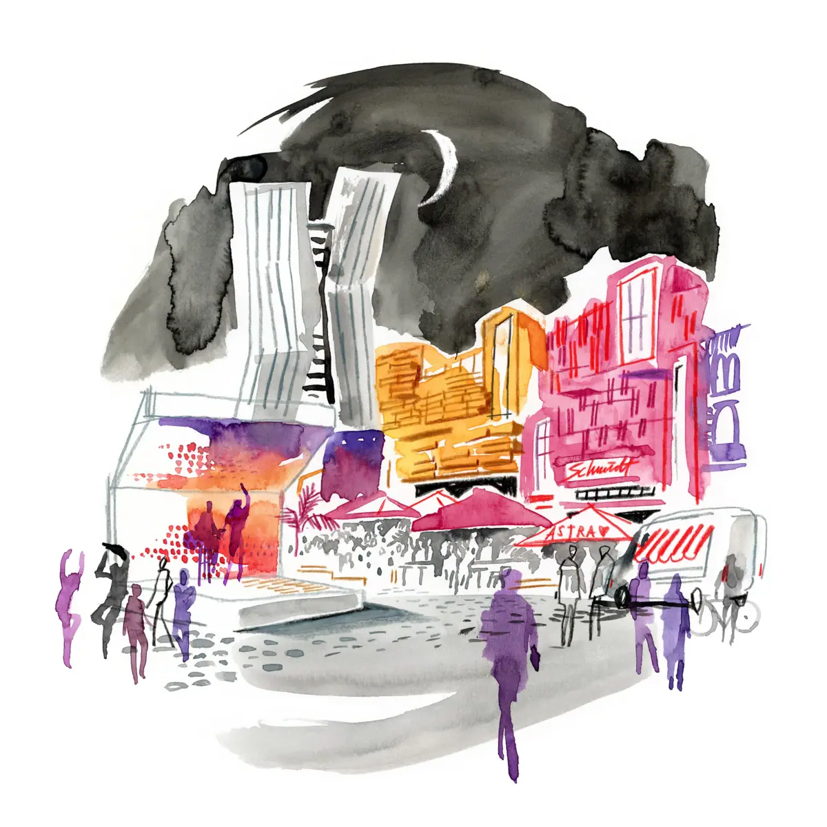 Farbige Zeichnung der Reeperbahn in Hamburg Illustration der Reeperbahn in Hamburg