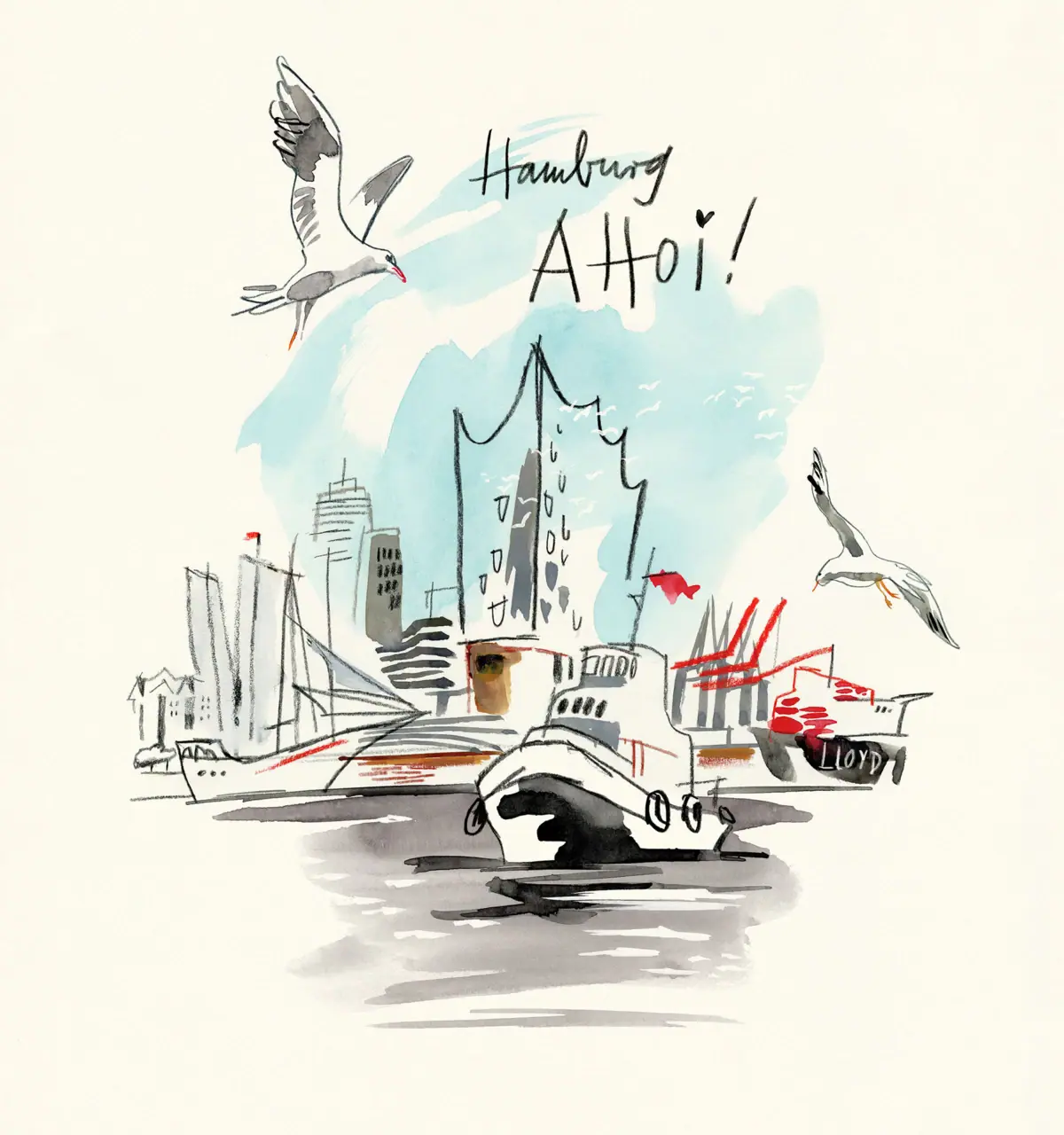 Hamburg Ahoi! Aquarellgemälde einer Stadt mit Booten