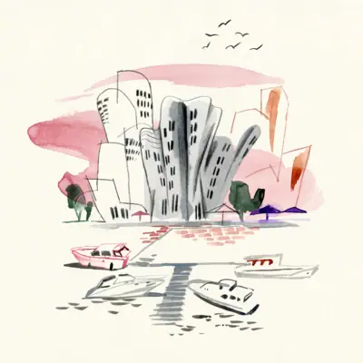 HENRI Illustration Medienhafen Aquarellzeichnung des Düsseldorfers Medienhafens