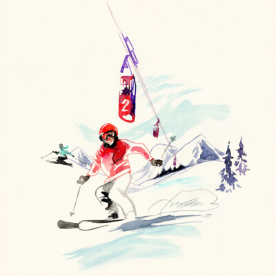 Watercolor painting depicting a person in action while skiing.