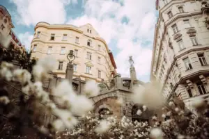 Gebäude Wien Ein Gebäude mit weißen Blumen im Vordergrund.