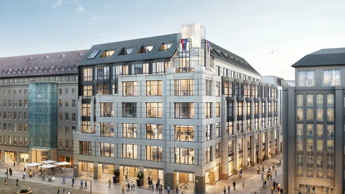 HENRI Hotel Leipzig Eine Gruppe von Menschen geht um das HENRI Hotel Leipzig herum.