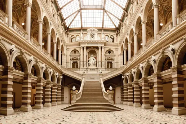 Kunsthistorisches Museum Großes Gebäude mit Treppe und Glasdach, symmetrisches Design.